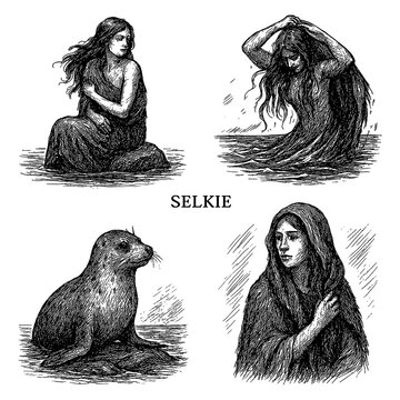 Selkie mythological seal woman transformation in vintage engraved illustration, Transparent Background