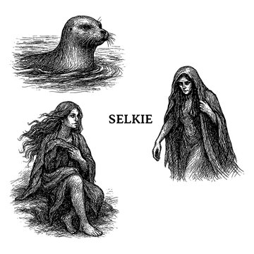 Selkie mythological seal woman transformation in vintage engraved illustration, Transparent Background