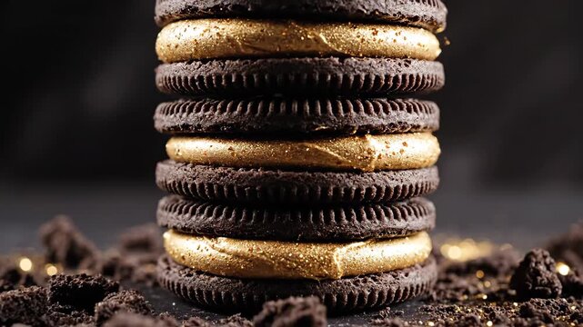 Close Up Oreo Style Cookies With Gold Cream Stacked