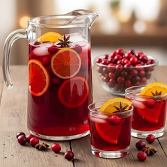 Refreshing Cranberry Orange Drink with Star Anise in Pitcher and Glasses on Wooden Table