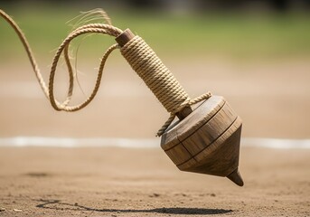 Traditional wooden spinning top (trompo) with rope, captured mid-air in action during an outdoor game on a dirt field.