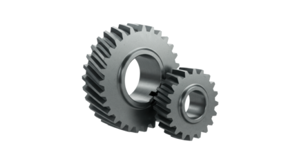 Two polished metallic gears, a large cog and smaller pinion, interlocked on a transparent background with copy space. Concept of precision engineering and teamwork