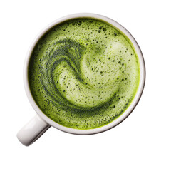 op view of matcha green tea latte in a white cup with foam art