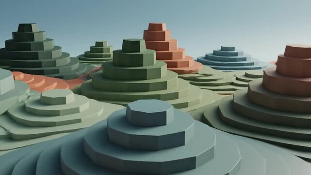 Stylized lowpoly terrain with colorful tiered structures and glowing element