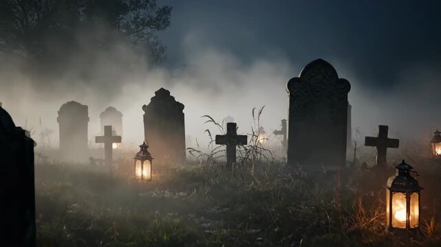 A spooky graveyard scene at night with fog, glowing lanterns, and tombstones