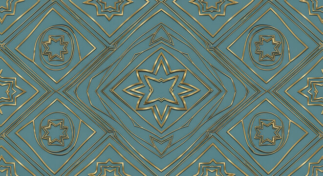 Geometric pattern with star motif in golden lines over a teal background, creating a luxurious and decorative effect, perfect for elegance concept.