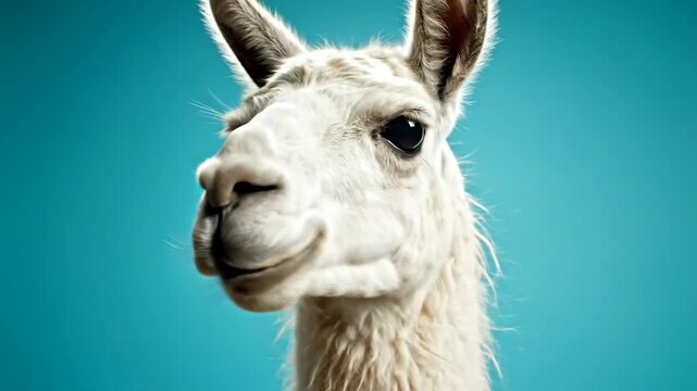 Close-Up Portrait of A White Llama with A Blue Background