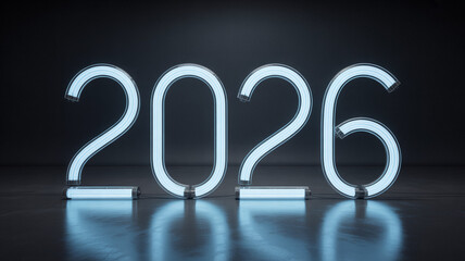 2026 neon light glowing in a dark setting