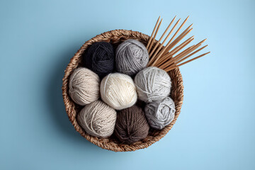 Balls of light neutral colored wool in a basket on a blue background, top view