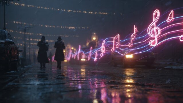 Mysterious Urban Night Scene with Neon Musical Notes and Reflections on Wet Pavement in Bustling City Street