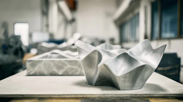 Focus on unique zirconium metal casting design displayed on a workbench emphasizing intricate shapes and innovative molding techniques.