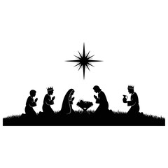 Silhouette Nativity Scene with Three Wise Men and Star.