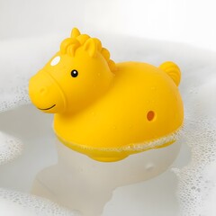 Cute Yellow Rubber Horse Toy Floating in a Bubbly Bathtub for Child's Bath Time