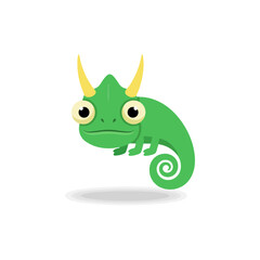 Cartoon Green Chameleon with Yellow Horns and Big Eyes.