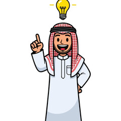 Cartoon Arab Man with Idea Light Bulb Above Head.