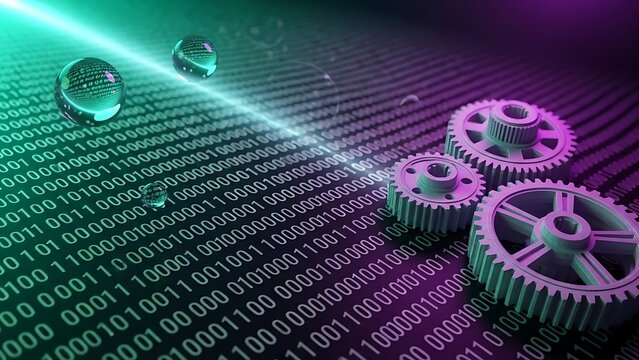 Abstract digital gears and binary code, representing technology and data