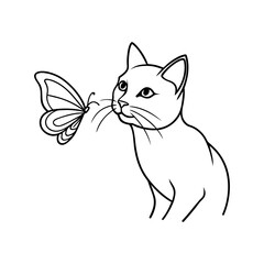 Cat With Butterfly Near Nose Line Art Minimal And Simple White Background Only