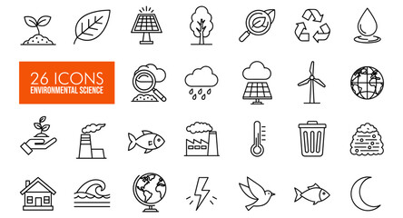 Comprehensive collection of environmental science line icons showcasing nature, renewable energy, climate change, and pollution for sustainable living and ecological awareness