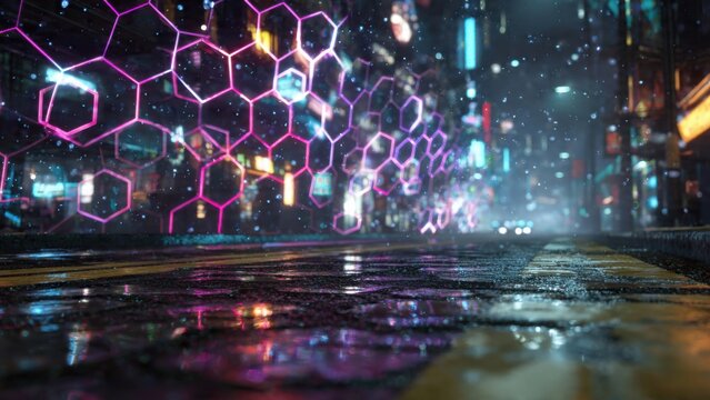 Futuristic Cyberpunk Cityscape with Neon Lights and Hexagonal Patterns on Rainy Street at Night