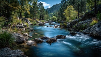 Serene River Flowing Through Lush Green Forest Landscape