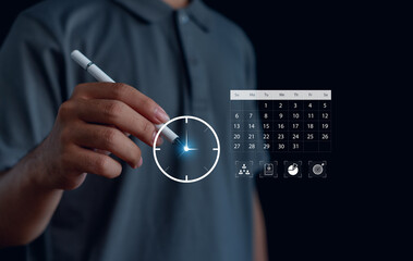 Digital time management concept with a hand using a smart stylus to interact with a virtual clock and calendar interface, supporting productivity planning, scheduling, efficient workflow organization.