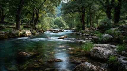 Obraz premium Serene Flowing River Surrounded by Lush Green Forest Landscape