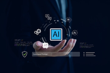 Futuristic artificial intelligence interface with AI icons, digital command prompt, data elements hovering above a business professional’s hand, representing smart automation and advanced technology.