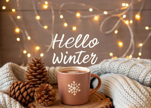 Cozy hello winter scene with warm drink and pinecones