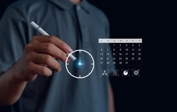Digital time management concept with a hand using a smart stylus to interact with a virtual clock and calendar interface, supporting productivity planning, scheduling, efficient workflow organization. - Powered by Adobe