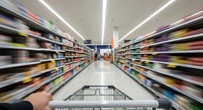 A person pushing a shopping cart down a grocery store aisle, blurred motion.