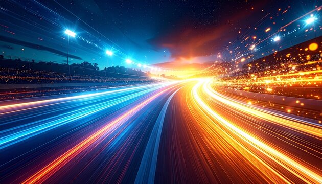 Blurring motion of light trails on a futuristic highway at dusk, illustrating speed and technology