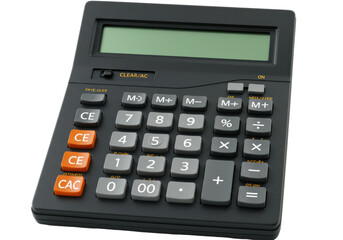 Retro black electronic calculator with orange buttons and blank lcd screen on a white background, viewed from a high angle. Concept of finance and bookkeeping