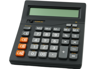 Retro black electronic calculator with orange buttons and blank lcd screen on a white background, viewed from a high angle. Concept of finance and bookkeeping