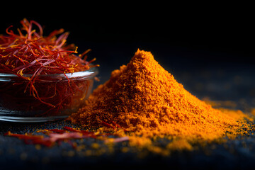 Close-up of saffron threads and powder on black background