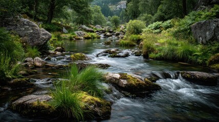 Serene Flowing Stream Amidst Lush Greenery in Natural Landscape