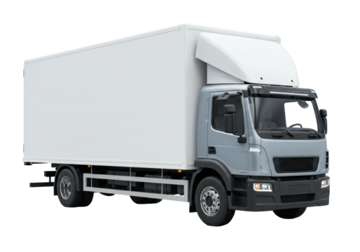 Modern light commercial delivery truck with a gray cab and white cargo body isolated on a white studio background. Concept for logistics and branding