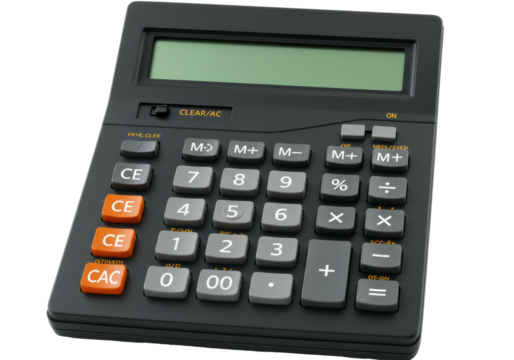 Retro black electronic calculator with orange buttons and blank lcd screen on a white background, viewed from a high angle. Concept of finance and bookkeeping