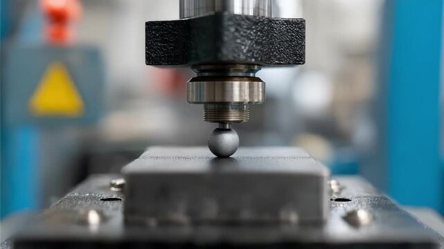 Closeup medium view of a Brinell hardness testing machine applying a steel ball on a metal sample to determine material durability.