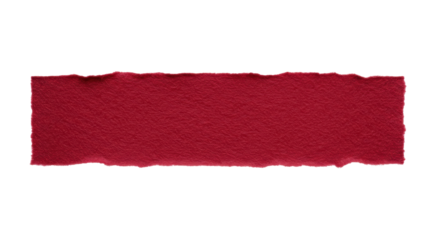 A horizontal crimson red felt strip with ripped frayed edges isolated on a white background with a subtle shadow and copy space. Concept of raw artisanal texture