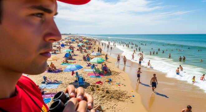 A lifeguard observes the crowded beach, ensuring safety and monitoring the swimmers in the ocean. - Powered by Adobe