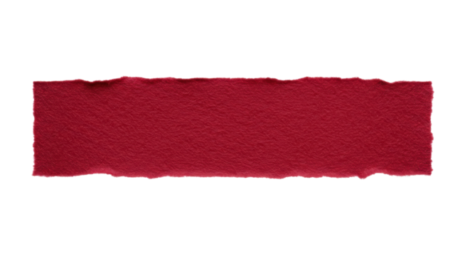 A horizontal crimson red felt strip with ripped frayed edges isolated on a white background with a subtle shadow and copy space. Concept of raw artisanal texture