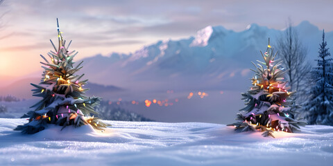 Panoramic Snowy Winter Landscape with Two Illuminated Christmas Trees and Mountains at Sunset