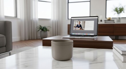 Fototapeta premium A modern living room with a laptop on a coffee table and a cup in front.