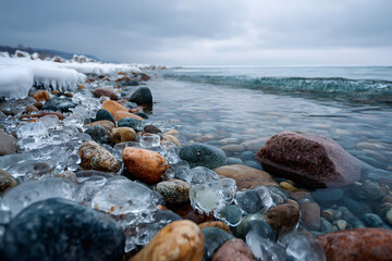 Frozen stones on the seashore, clear and transparent ice