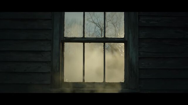 A rustic wooden window frames a misty and eerie outdoor scene. Light filters through broken glass