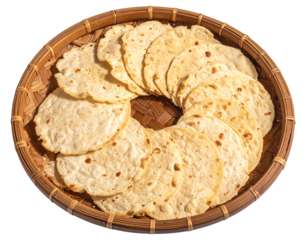 Handmade Muri Pitha Rice Crackers on Round Bamboo Tray, Top-Down View, PNG Isolated