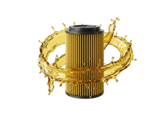 A golden pleated oil filter cartridge suspended on a white background in a powerful vortex of splashing motor oil and droplets. Concept of fluid dynamics and filtration