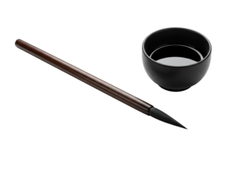 extreme close-up of an elegant calligraphy brush and a suzuri bowl containing reflective black sumi ink, isolated on a transparent studio background. concept of asian artistic discipline