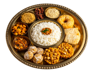   Assamese Magh Bihu Feast Spread with Pitha and Laru on Brass Thali, PNG Isolated 