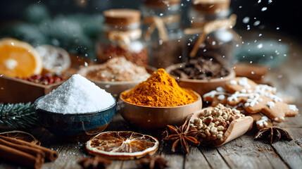 Christmas culinary scene with spices, dried oranges, gingerbread and powdered sugar on rustic tabletop, open center